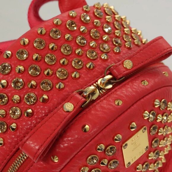 MCM Studs Backpack Leather Red Gold bst584-112825 - Picture 8 of 16